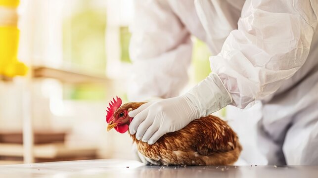 Veterinarian in protective gear carefully inspecting poultry, emphasizing health and safety in animal care