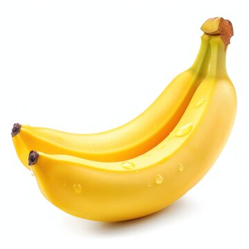 A pair of ripe yellow bananas with water droplets on their surface.