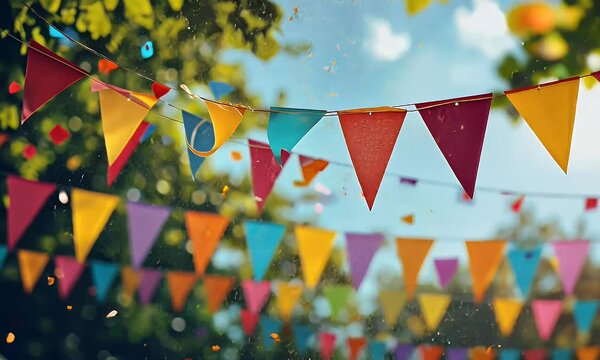 Colorful festive bunting strung outdoors, creating a cheerful atmosphere.