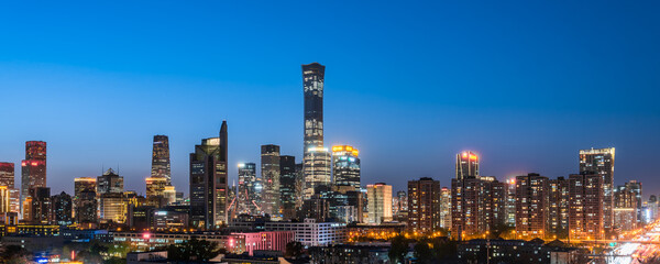 High angle night view of the Beijing Guomao CBD architectural complex in China