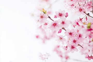 Obraz premium Pink cherry blossom on white background, isolated Sakura tree branch 