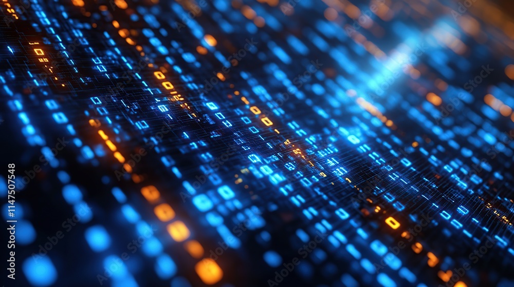 Poster abstract digital binary code background with glowing blue and orange digits.