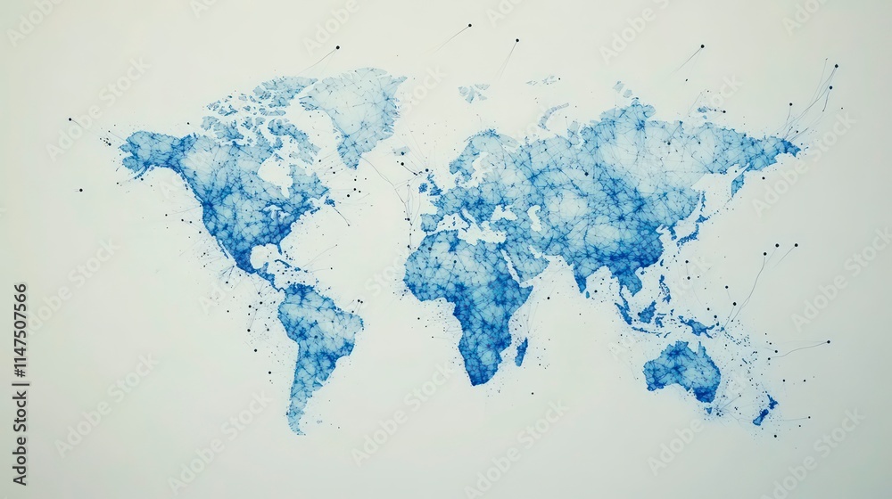 Aufkleber abstract blue watercolor world map with connecting lines.