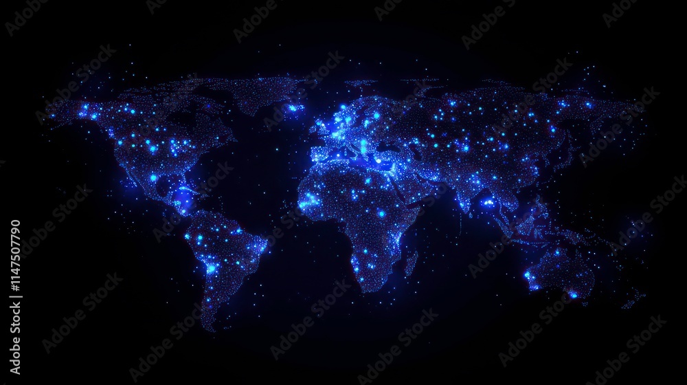 Poster glowing blue world map with digital network connections.