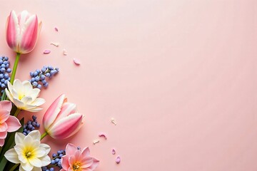 Delicate Spring Floral Arrangement on a Soft Pastel Pink Paper Background