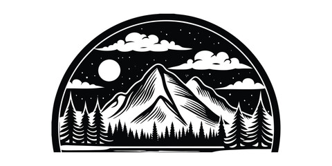 Black and white illustration circular mountain landscape pine forest silhouette minimalist design