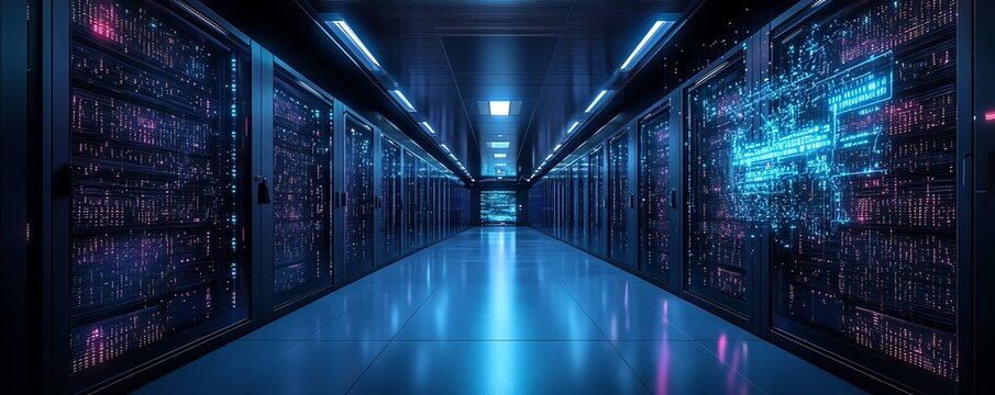 A modern set of law scales with digital and holographic elements, displayed in front of a massive data center, highlighting the duality of law and technology in the digital age