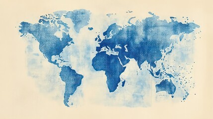 Obraz premium Watercolor world map illustration, blue continents on beige background.