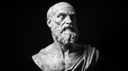 Fototapeta premium A close-up of a marble bust of a man with a beard, set against a black background. The man's face is full of character, and his eyes are looking off to the side.