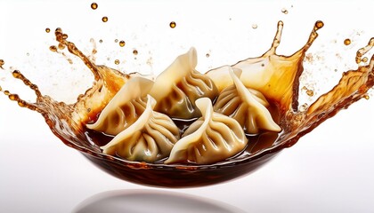 Delicious dumplings splashing in soy sauce, Isolated On White Background