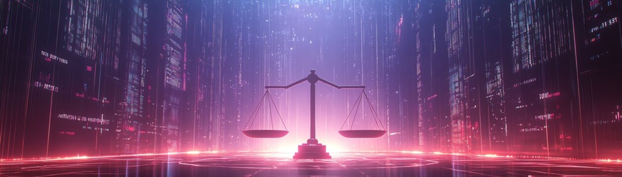 Digital law scales featuring holographic details and neuralinspired designs, standing before a futuristic data hub, perfect for showcasing AIdriven justice themes