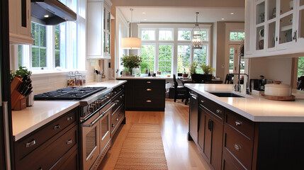 Fototapeta premium Luxurious Modern Kitchen with Island and White Quartz Countertops