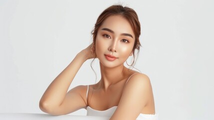 A portrait of a woman posing elegantly with a soft expression against a light background.