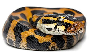 Fototapeta premium Close-up of a Sumatran short-tailed python coiled on a white background. Its black, orange, and yellow scales are clearly visible, and its head is slightly tilted.