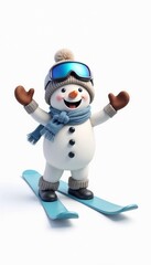 Cheerful cartoon snowman on skis in colorful winter outfit.Joy. Adventure. Winter excitement.Winter sports ad, children&rsquo;s holiday card, festive banner, ski resort promotion.


