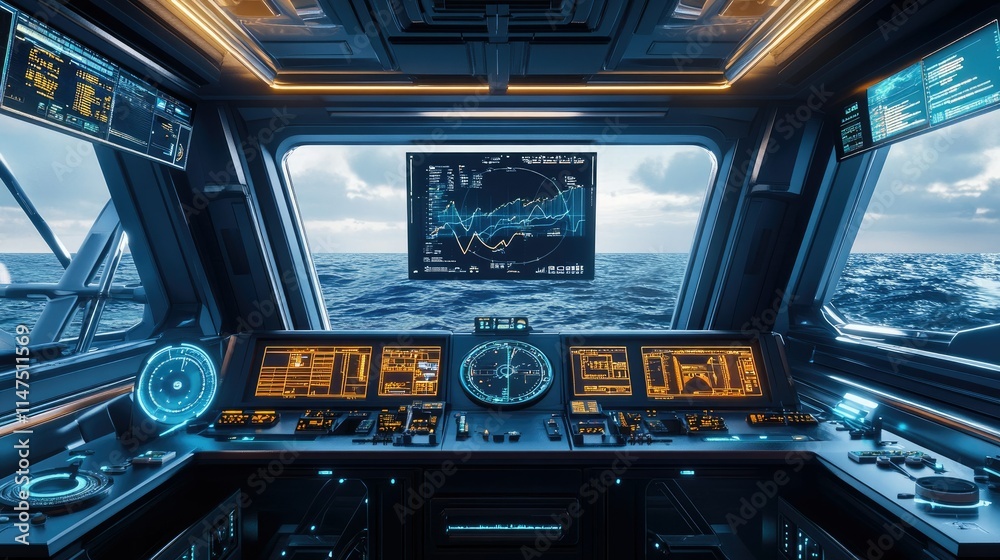 Poster futuristic control room overlooking ocean with high-tech interfaces and data displays, modern ship n