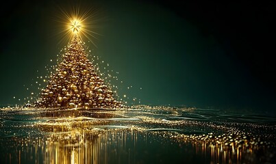 Illustration for a Christmas card cover featuring a tree made of glittering golden drops on a green background, with a star shining in the sunlight