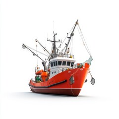 Fototapeta premium Vibrant Red Fishing Boat with Nets and Equipment Ready for Catching Fish at Sea, Isolated on White Background for Marine and Nautical Themes