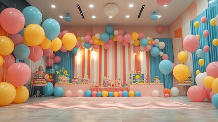 Colorful indoor decorations for a child's birthday celebration