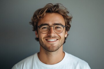 Happy young man smiling, wearing glasses, white t-shirt, gray background.