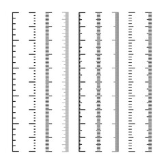 Vertical measurement scales with divisions. Realistic scale for measuring length or height in centimeters, millimeters or inches. Ruler, tape measure marks, size indicators. Vector illustration