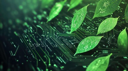 Green leaves on a circuit board, representing technology and nature's fusion.