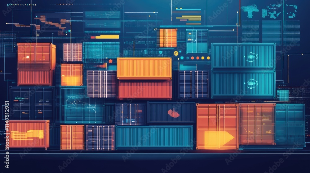 Poster abstract digital background featuring colorful shipping containers with data visualizations and grap