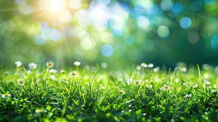 Obraz premium A serene grassy field adorned with daisies, illuminated by soft sunlight.