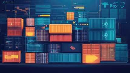 Fototapeta premium Abstract Digital Background Featuring Colorful Shipping Containers with Data Visualizations and Graphics in a Modern Tech Environment