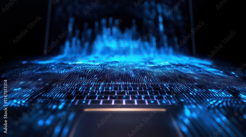 Aufkleber abstract blue data flow over laptop keyboard.