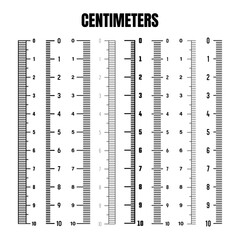 Vertical centimeter scale for measuring length or height. Various measurement scales with divisions. Ruler, tape measure marks, size indicators. Vector illustration