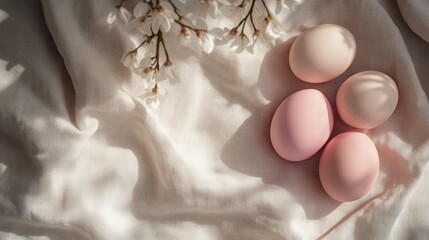 Pink colored Easter eggs on neutral beige linen tablecloth and napkin background with soft natural sun light and shadow, top view, flat lay, empty copy space. 