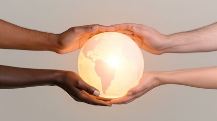 A group of diverse hands gently holding a glowing globe, symbolizing unity, global awareness, and collaboration for a better world. Global cooperation,DEIB,DEI,cross-cultural connection,social justice
