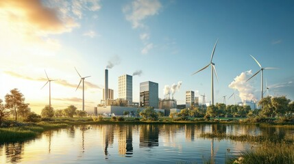 Naklejka premium A serene landscape showcasing a blend of renewable energy sources, with wind turbines and an industrial facility reflecting on a calm lake under a beautiful sunset.