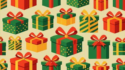 Colorful pattern of various gift boxes adorned with ribbons and bows, perfect for festive occasions