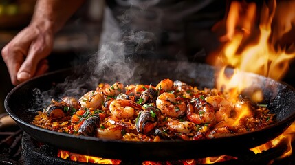 Sizzling Seafood Paella on Open Flame: A Culinary Delight Awaits in Every Bite and Aroma. Season of Sizzling Delight Concept