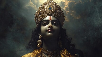 Ethereal Representation of a Divine Figure in Majestic Attire Surrounded by Dramatic Clouds, Depicting Spirituality and Cultural Heritage in Rich Detail
