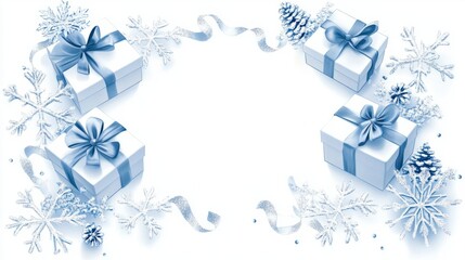Fototapeta premium A holiday-themed frame with minimalist gift boxes tied with elegant ribbons, surrounded by delicate snowflakes, isolated on white