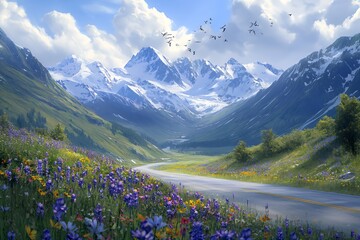Fototapeta premium Mountain Road Winding Through Vibrant Wildflower Meadows