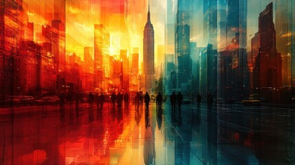 Abstract cityscape, warm and cool tones, pedestrians.