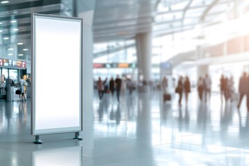 Photo of a blank roll-up banner in an airport lobby, ready for advertising