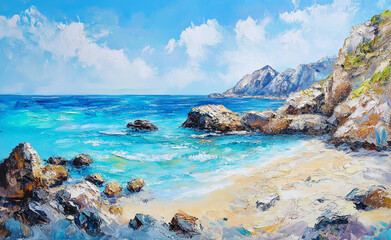 Coastal landscape with rocky shore and vibrant blue ocean under a clear sky. 