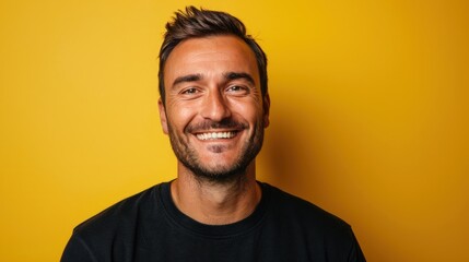 Obraz premium A smiling man in a black shirt against a vibrant yellow background.