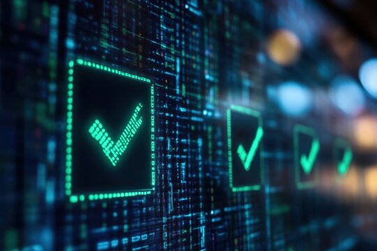 Glowing checkmarks on a digital screen, representing data processing. Illustrates successful completion, verification, or cybersecurity concepts.