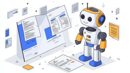 Friendly robot reviewing documents and data on a digital screen.