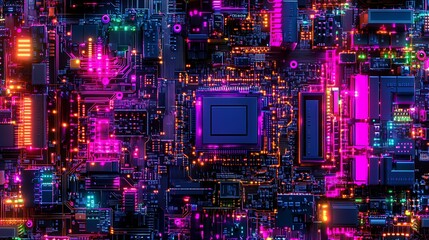 Vibrant Neon Circuit Board Digital Art