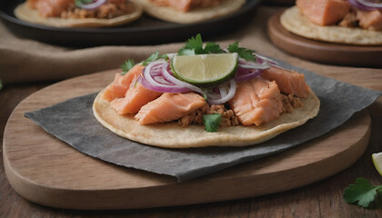 salmon tostada on a wooden board