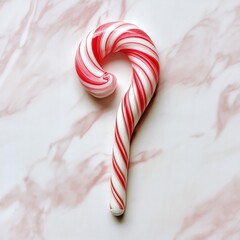 A single red and white candy cane rests on a pink marble surface, its classic swirl and hook shape evoking the festive spirit of the holiday season.