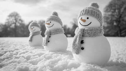 Obraz premium A playful black and white line art of three snowmen, each dressed in a scarf and hat, for a holiday-themed coloring book.