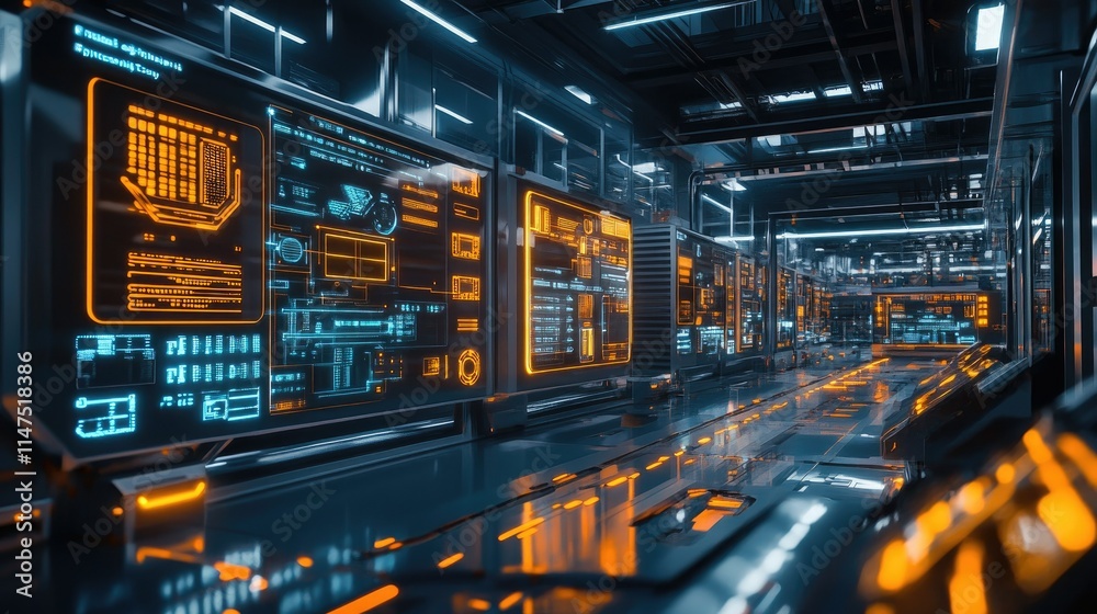 Poster futuristic technology lab with interactive displays and neon orange graphics in a high-tech environm